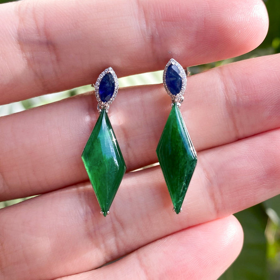 Natural Intense Green Jade Drop Earrings - 18K White Gold Diamonds Sapphire