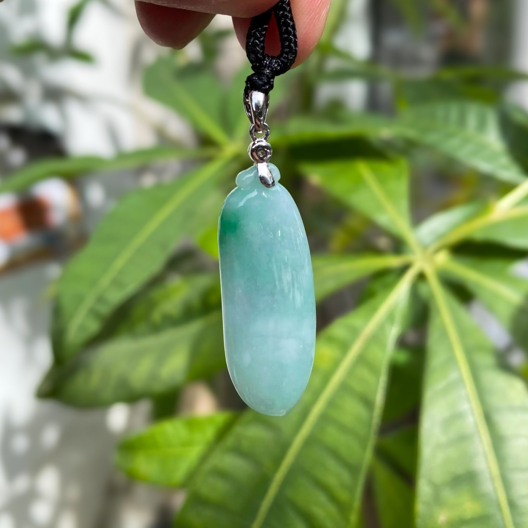 Gransky Handmade Melon Shape Green Jade Pendant 18k White Gold Bail Diamond