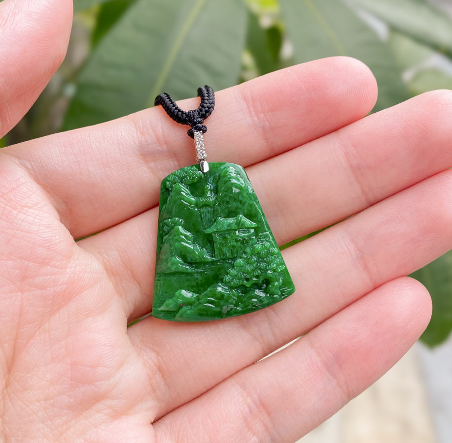 Imperial Green Jade Scenic Pendant with 18k White Gold Bail and Diamonds