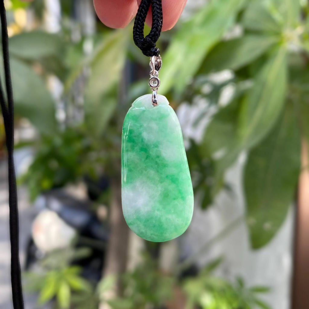 Handcrafted Melon Shape Jade Pendant Necklace - 18k White Gold Bail & Diamond