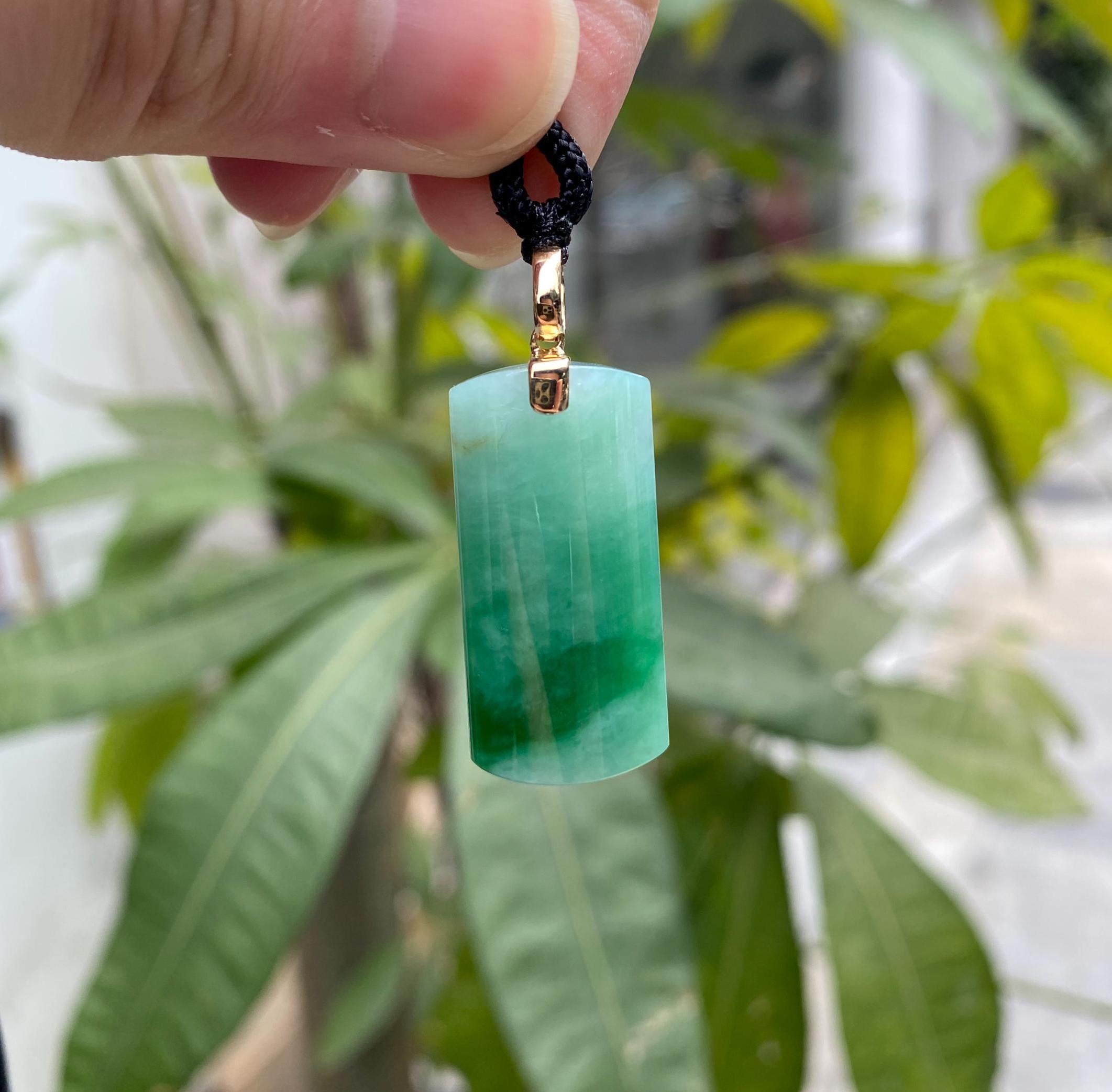Green Jade Block Pendant Necklace 18k Yellow Gold Bail - Certified Type-A Jadeite