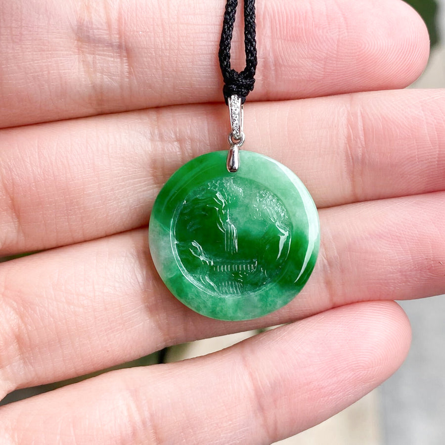 Scenic Round Green Jade Pendant Necklace - 18k White Gold Bail with Diamond