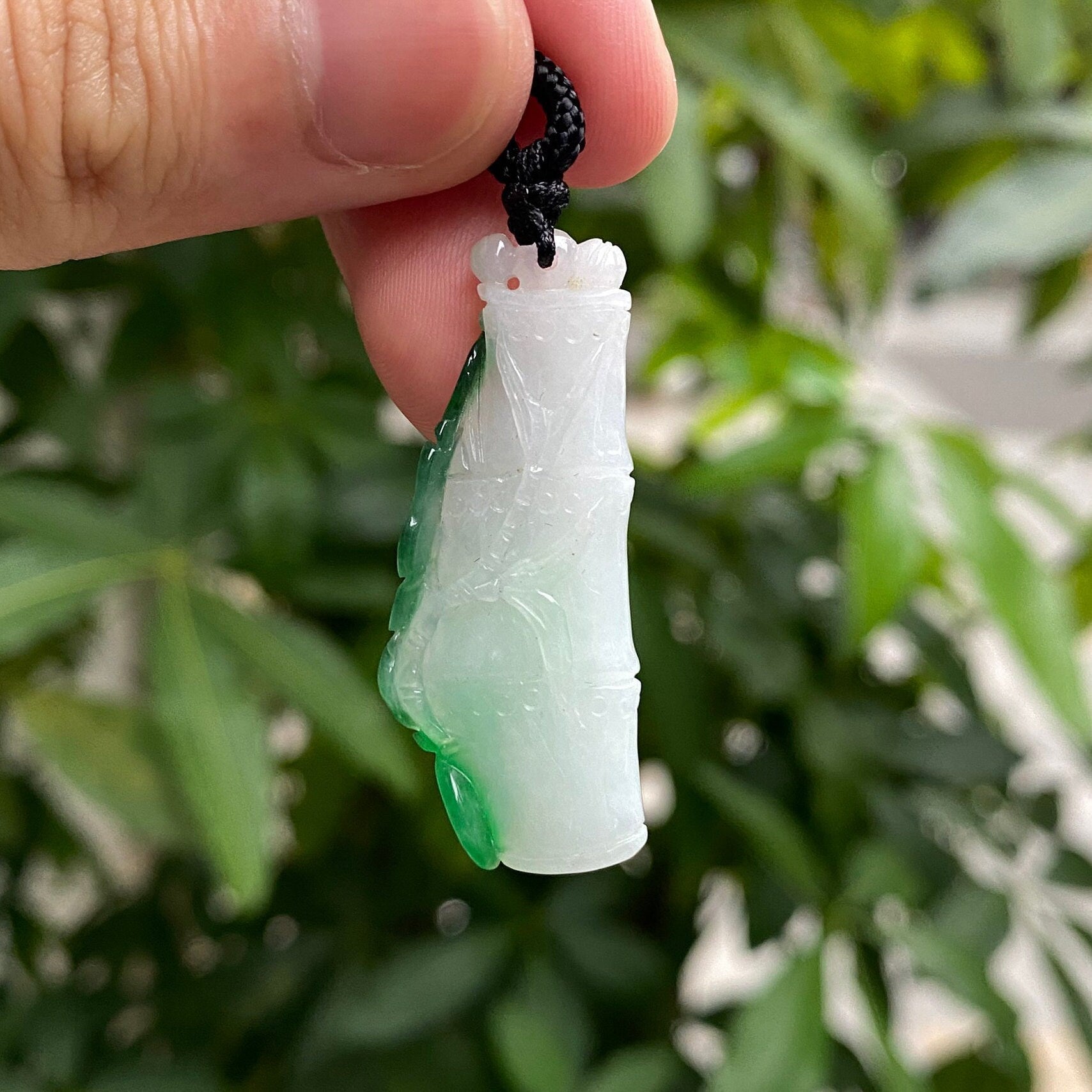 Natural Gradient Green Burmese Jadeite Bamboo Pendant