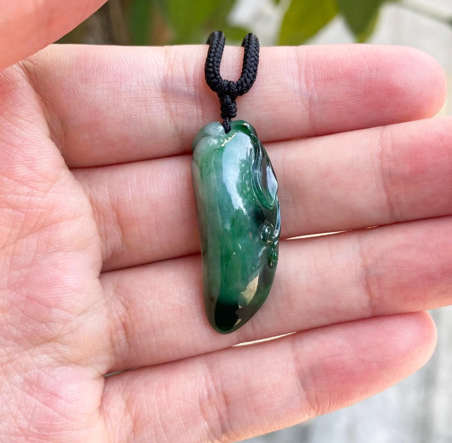 Intense Green Hand-Carved Jade Melon Pendant with Adjustable Black String