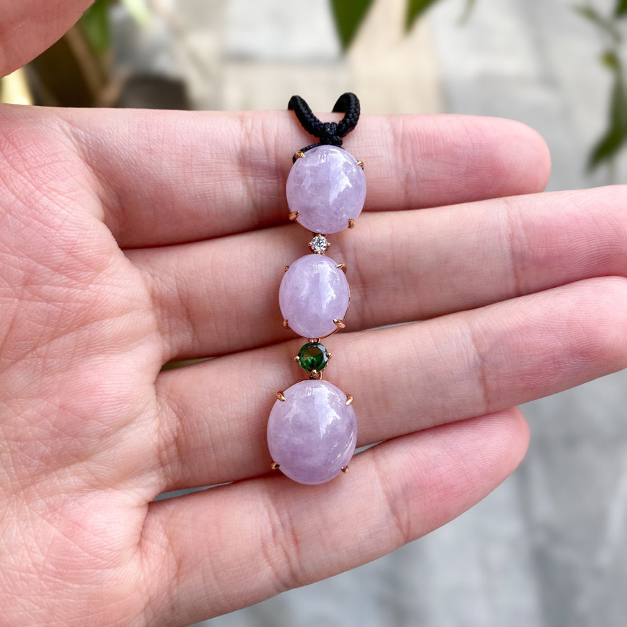Triple Purple Jade Cabochon Pendant in 18K Rose Gold with Garnet Accents