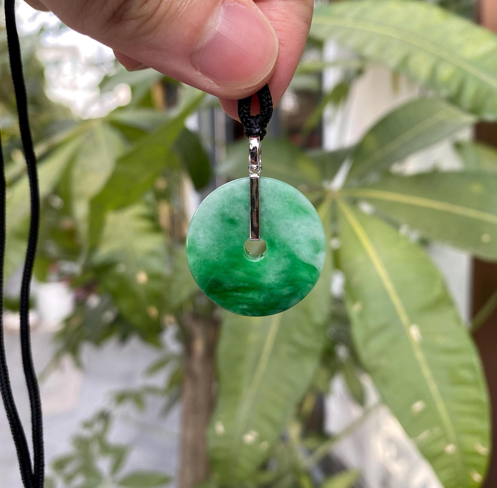 Intense Green Round Disc Jade Pendant Gold Bail - 34.2mm Width Adjustable Cord