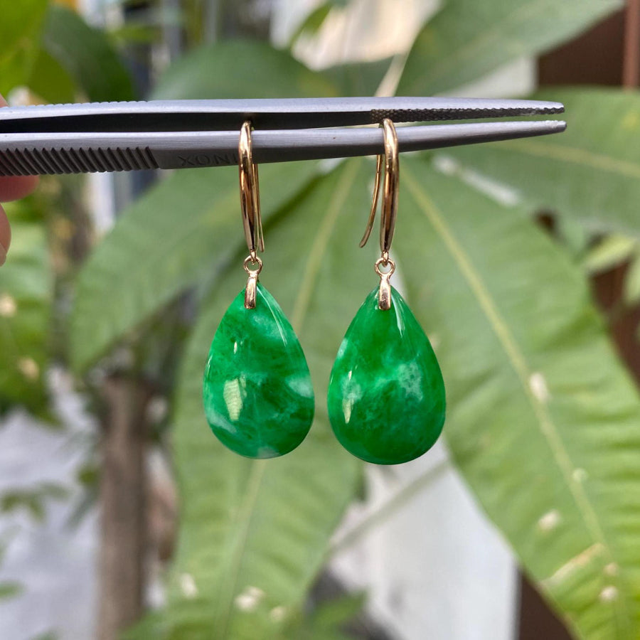 Imperial Green Pear-Shaped Drop Jade Earrings in 18k Yellow Gold