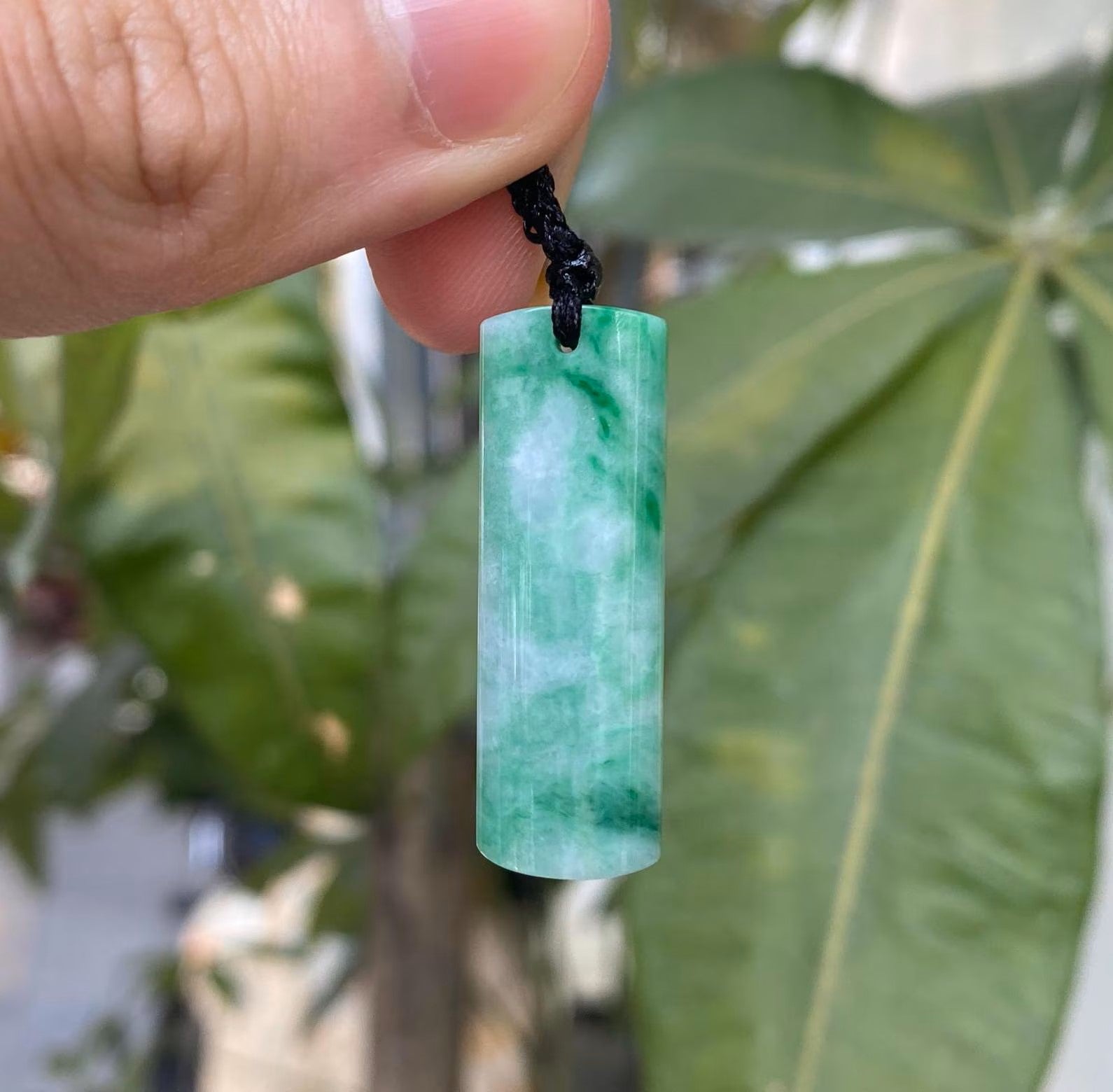 Genuine Green Jade Rod Pendant – Natural Untreated Burmese Jadeite on Black Adjustable String