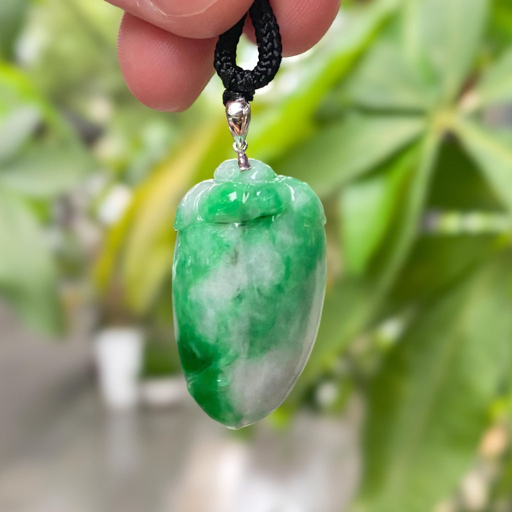 Natural Green Carved Peach Jade Pendant - 18k White Gold Bail