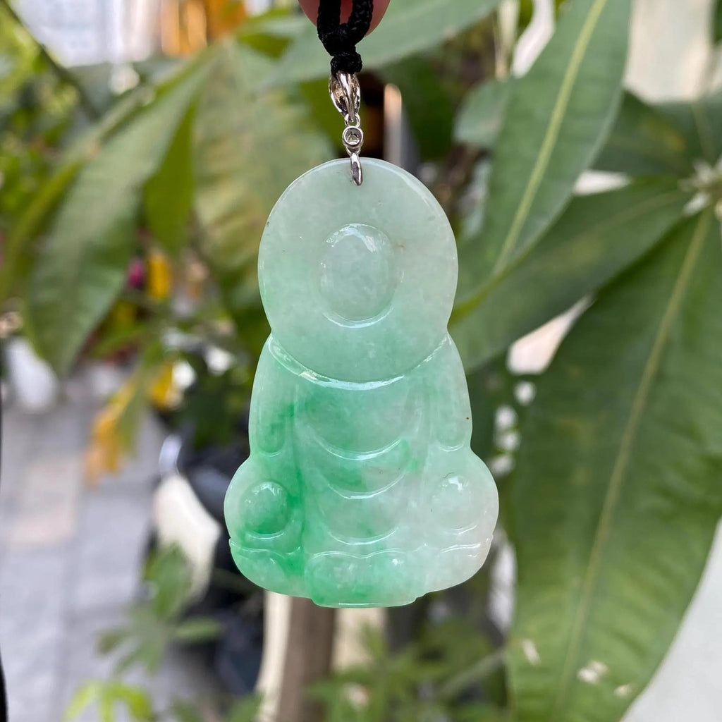 Gransky Handmade GuanYin Apple Green Jade Pendant 18k White Gold and Diamond