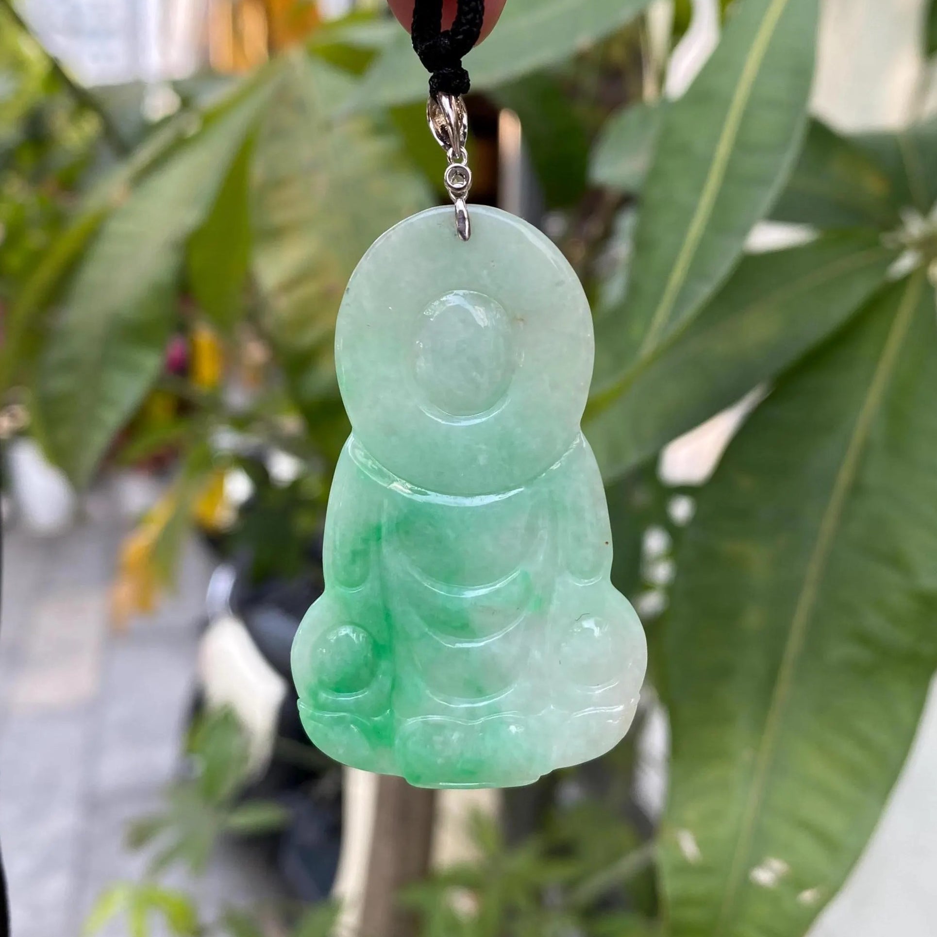 Gransky Handmade GuanYin Apple Green Jade Pendant 18k White Gold and Diamond