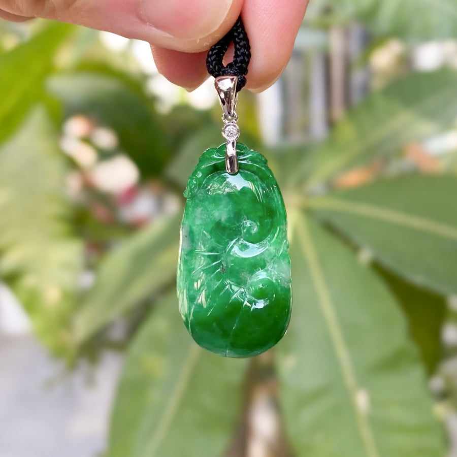 Gransky Carved Ruyi Jade Pendant in 18k White Gold Bail and Diamonds