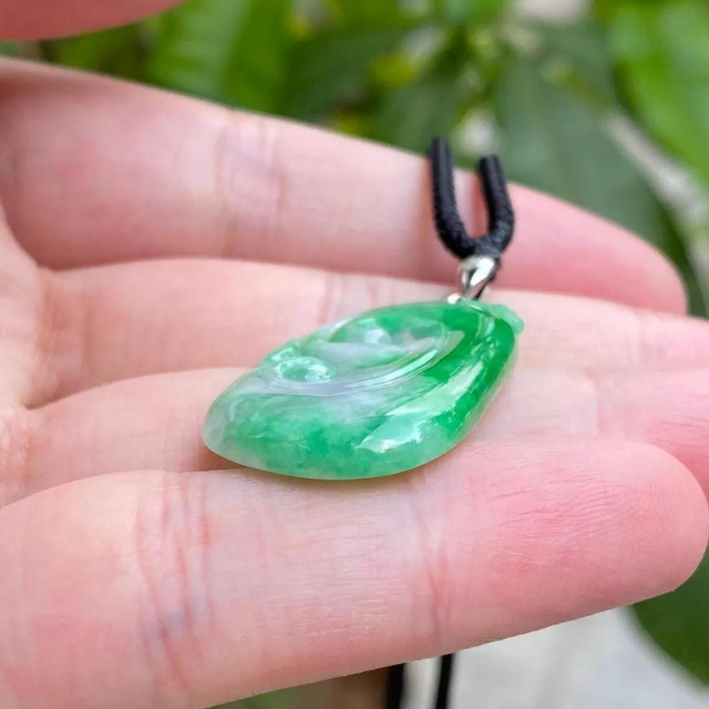 Natural Green Ruyi Jade Pendant - 18k White Gold Bail