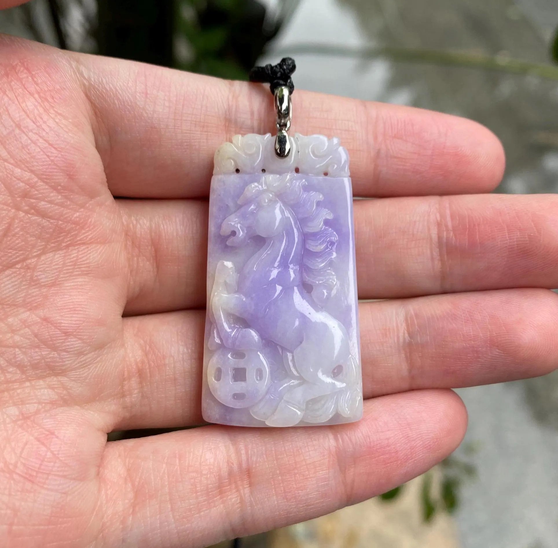 Handcrafted Purple Jade Horse Pendant in 18k White Gold