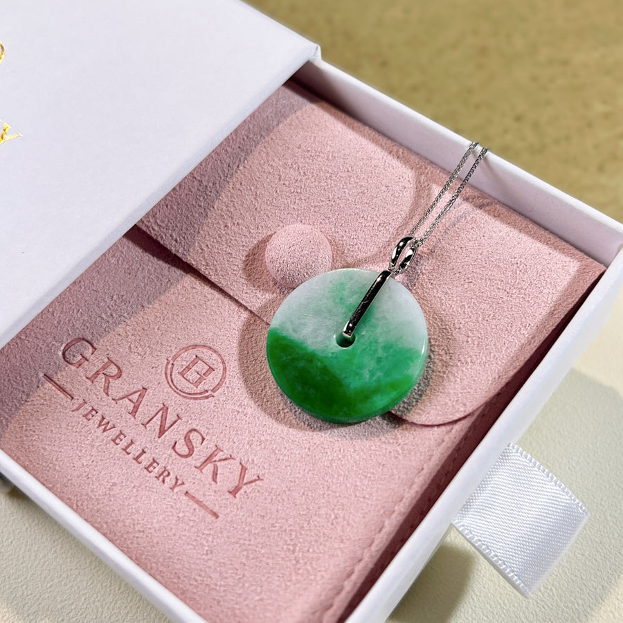 Cute Green Jade Disc Donut Pendant 18k White Gold Bail