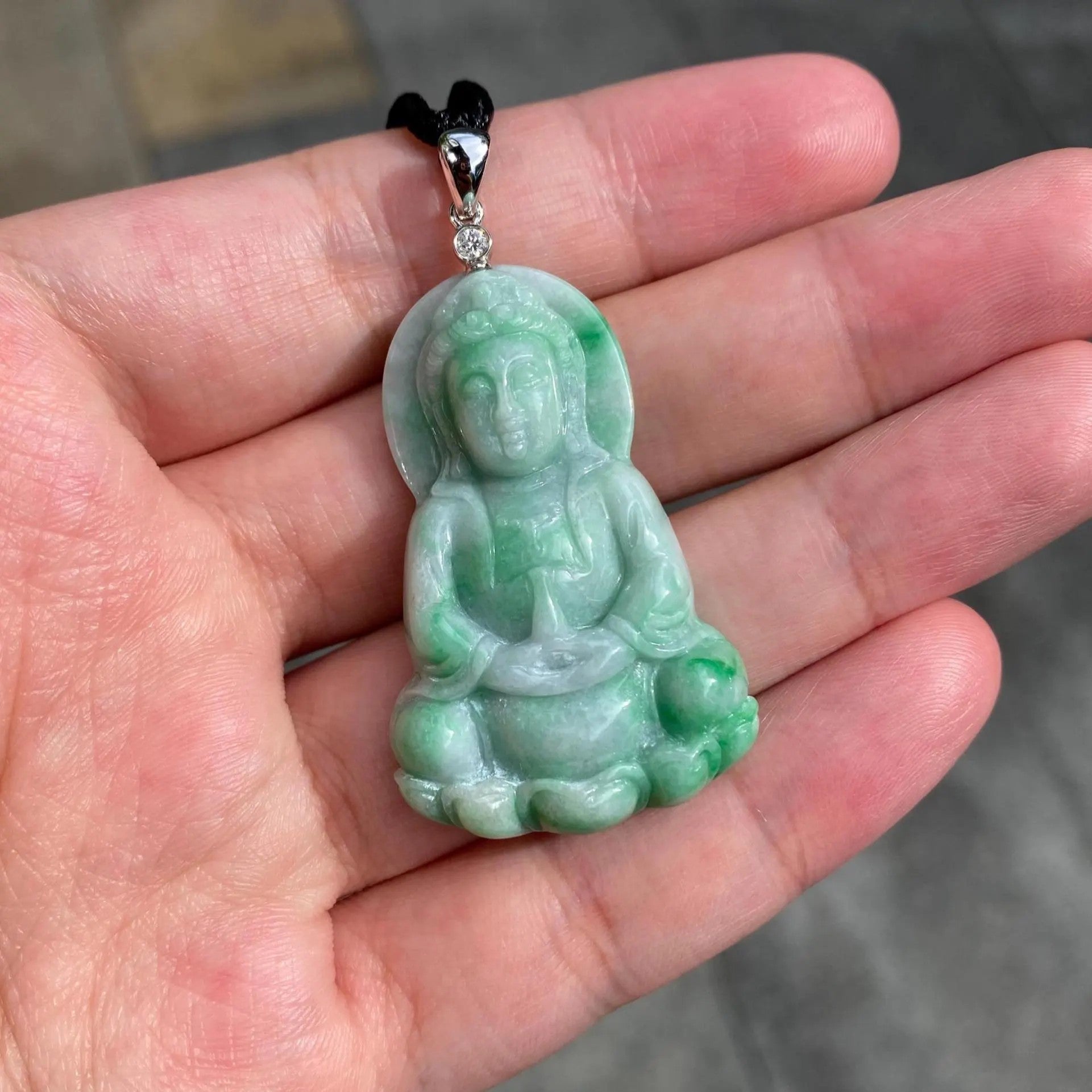 GuanYin Green Jade Pendant 18k White Gold and Diamonds