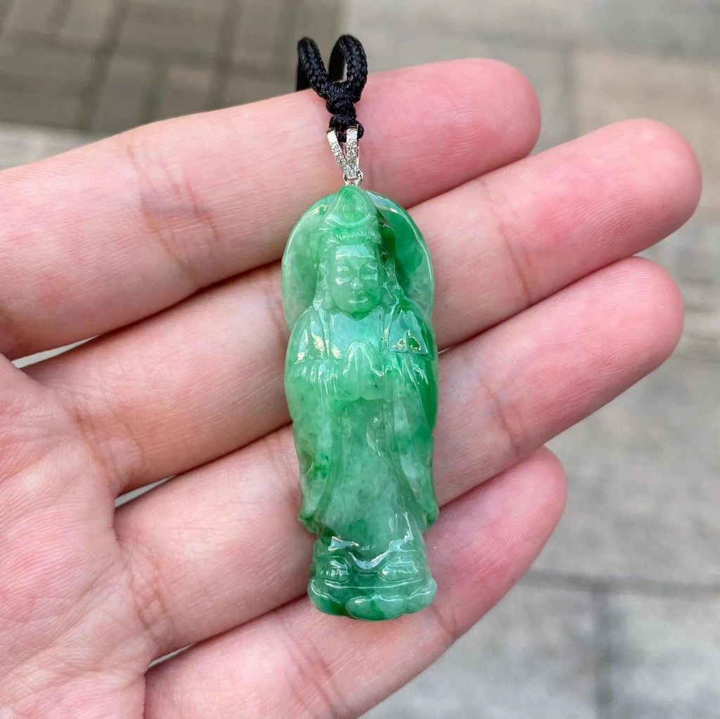 GuanYin Green Jade Pendant Necklace 18k White Gold Bail and Diamonds