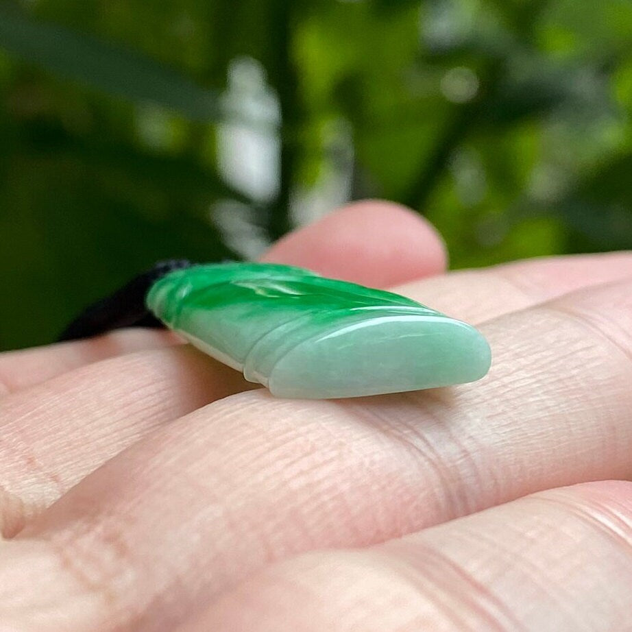 Bright Green Hand-Carved Bamboo Jade Pendant