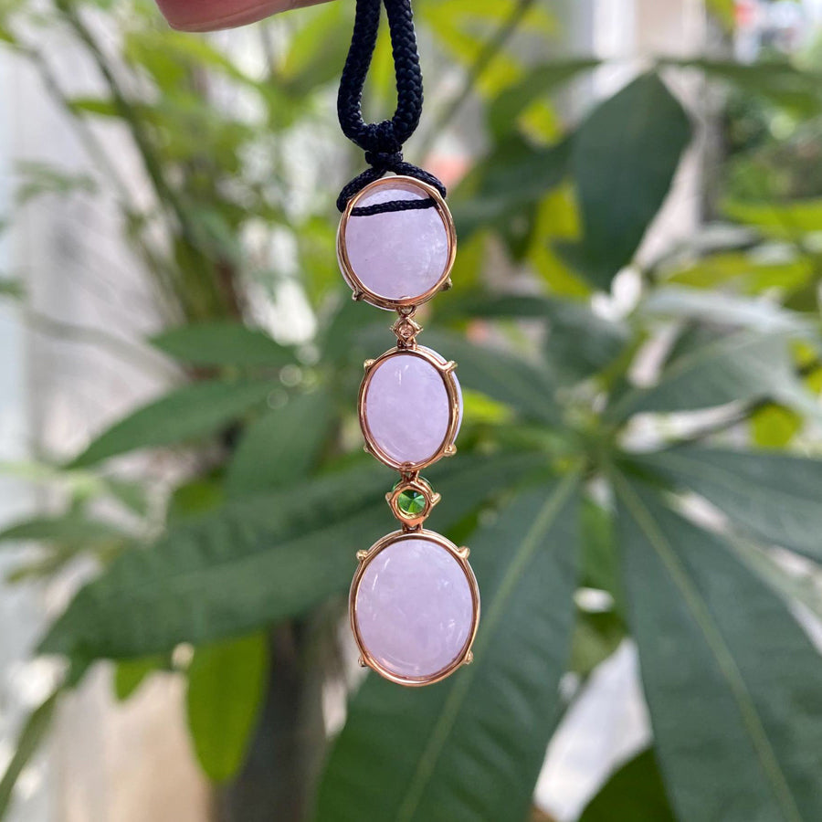 Triple Purple Jade Cabochon Pendant in 18K Rose Gold with Garnet Accents