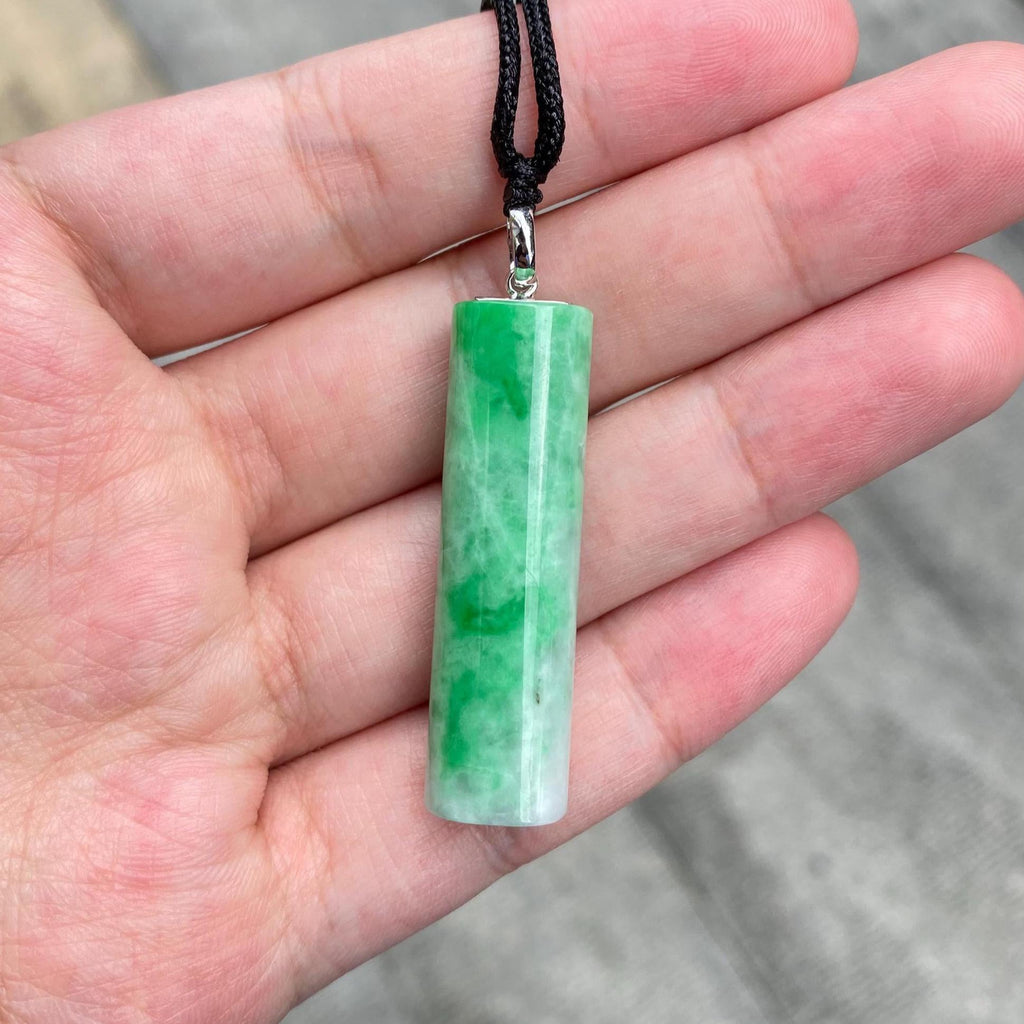 Genuine Green Jade Rod Pendant 18k White Gold Bail – Natural Untreated Burmese Jadeite