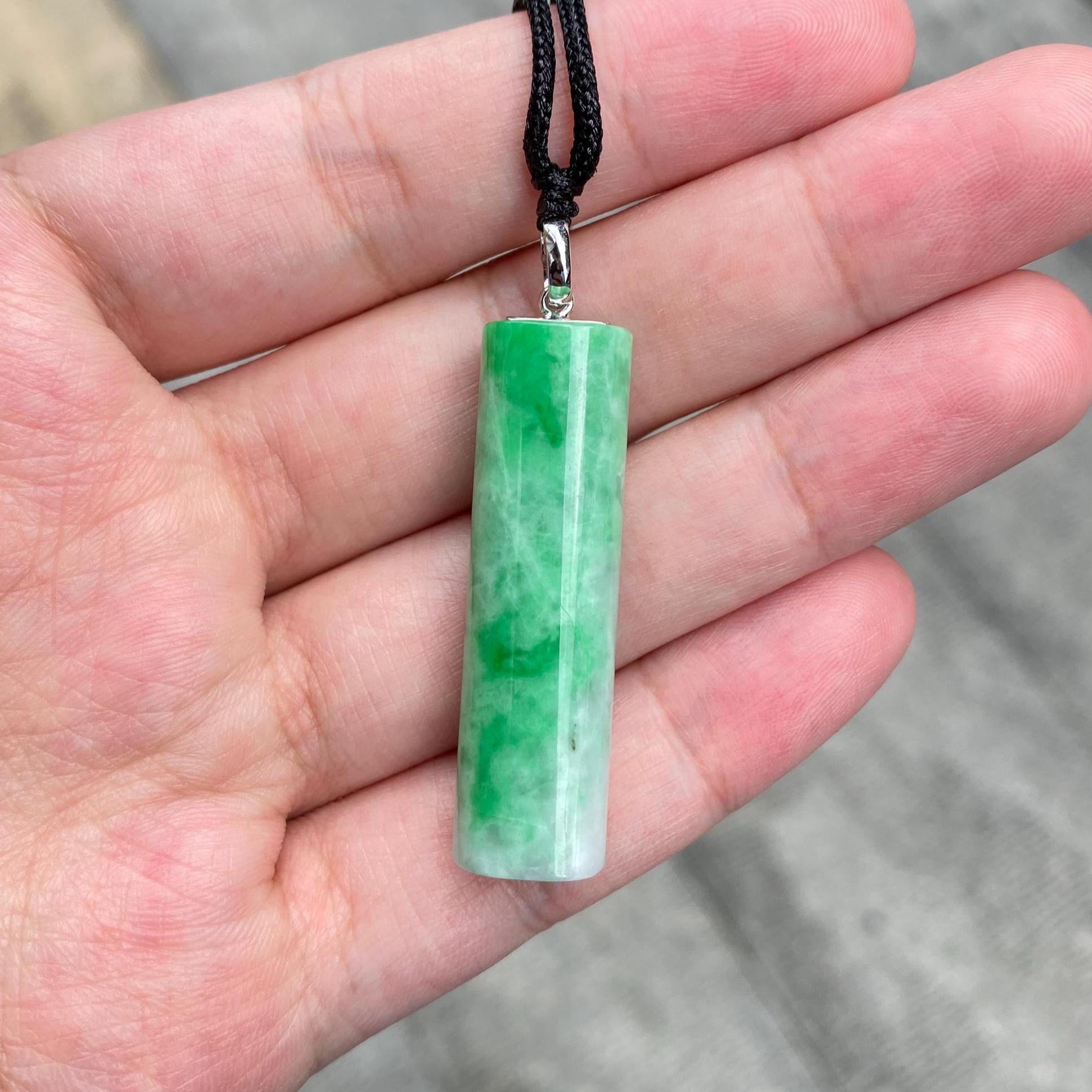 Genuine Green Jade Rod Pendant 18k White Gold Bail – Natural Untreated Burmese Jadeite