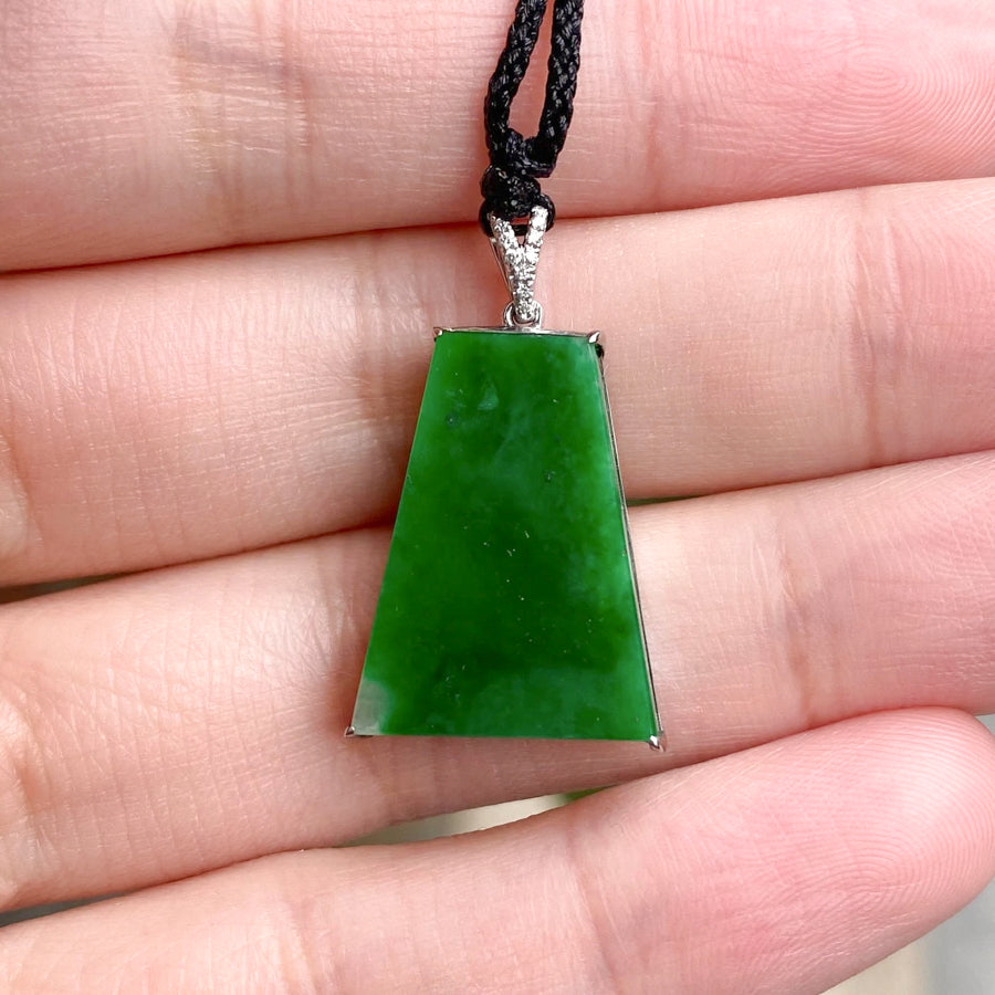 Green Jade Block Pendant in 18K White Gold with Diamonds, Genuine Burmese Jadeite