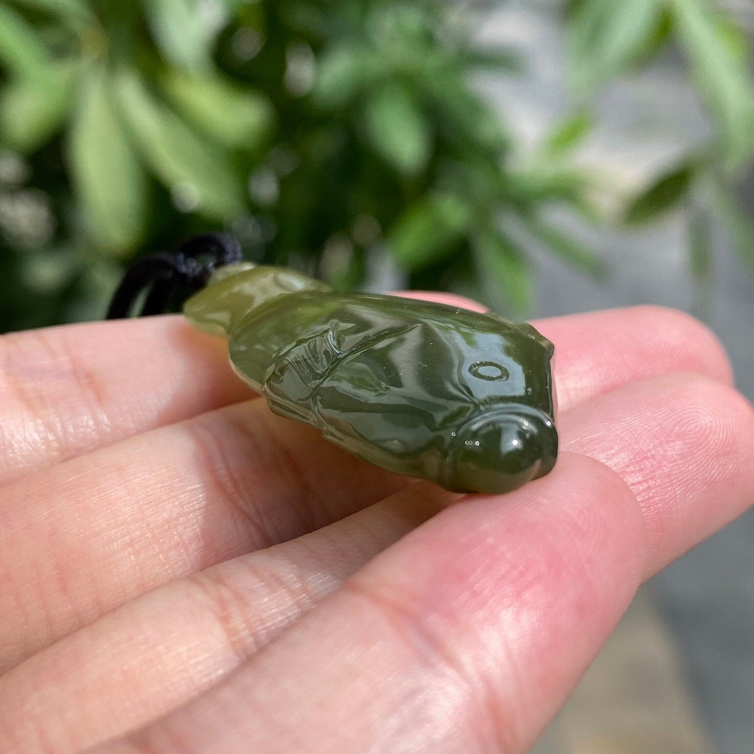 Dark Green Carved Fish Jade Pendant Necklace, Adjustable Black Cord, Meaningful Gift, Natural Jade Jewelry