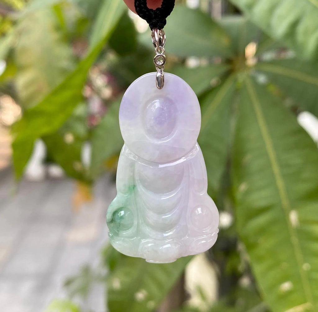 Gransky Handmade GuanYin (Kwan yin) Green and Purple Jade Pendant 18k White Gold Bail
