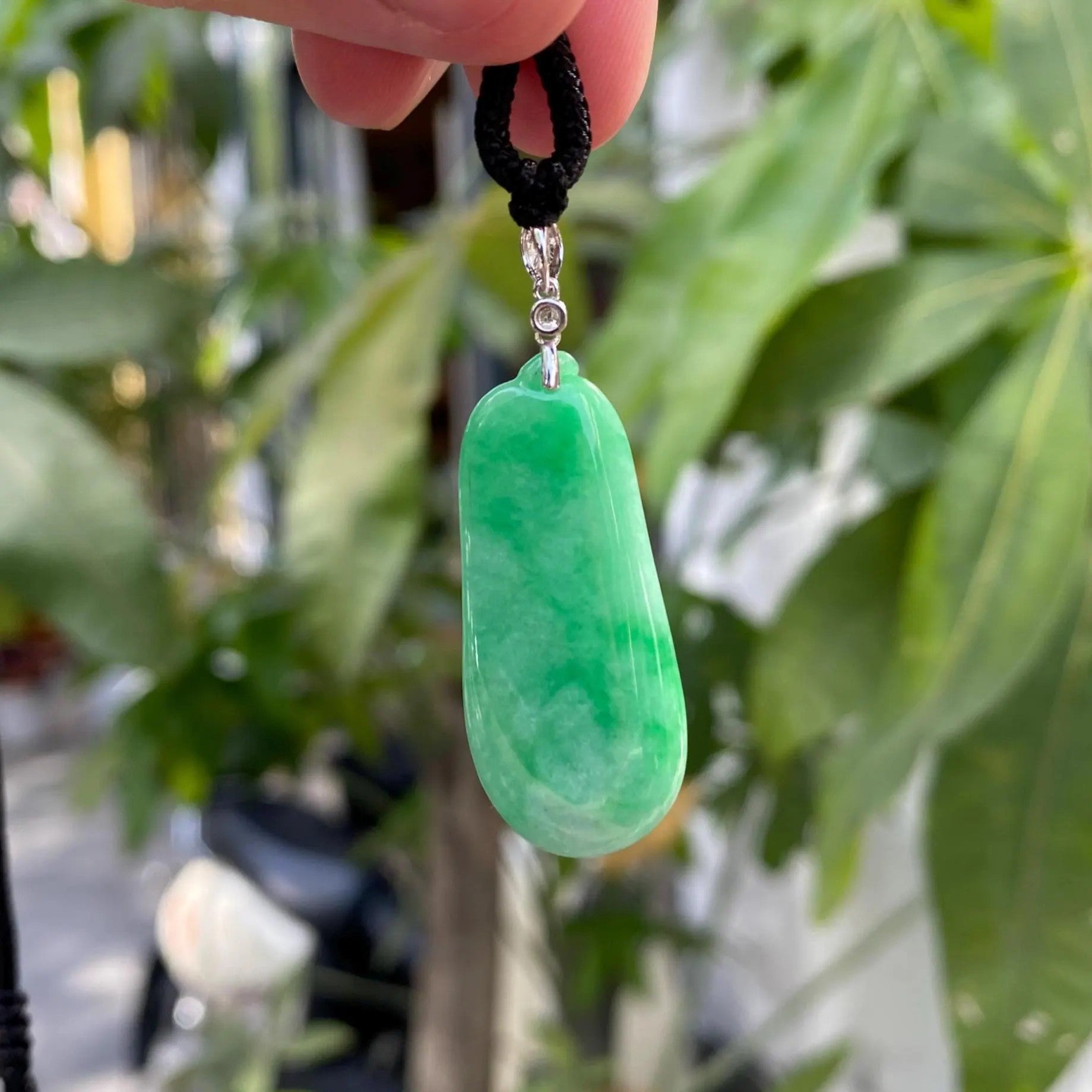 Handcrafted Pepper Shape Jade Pendant Necklace - 18k White Gold Bail & Diamond