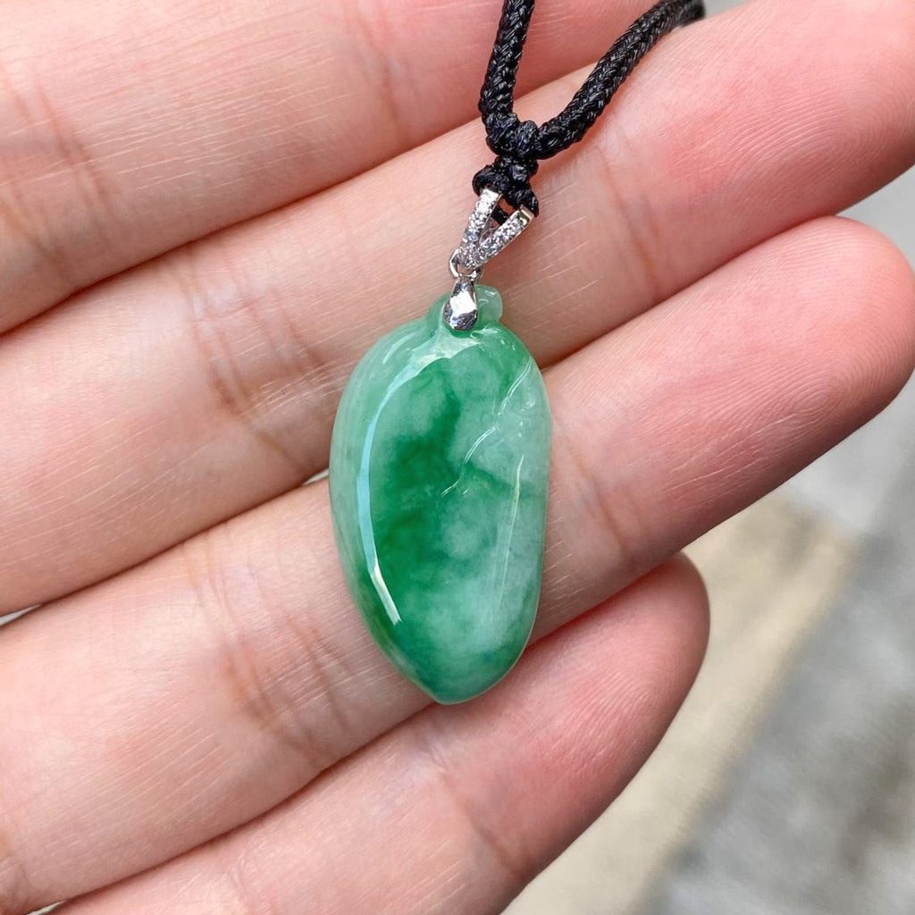Vivid Green Burmese Jadeite Pepper Shape Pendant – 18K White Gold & Diamond