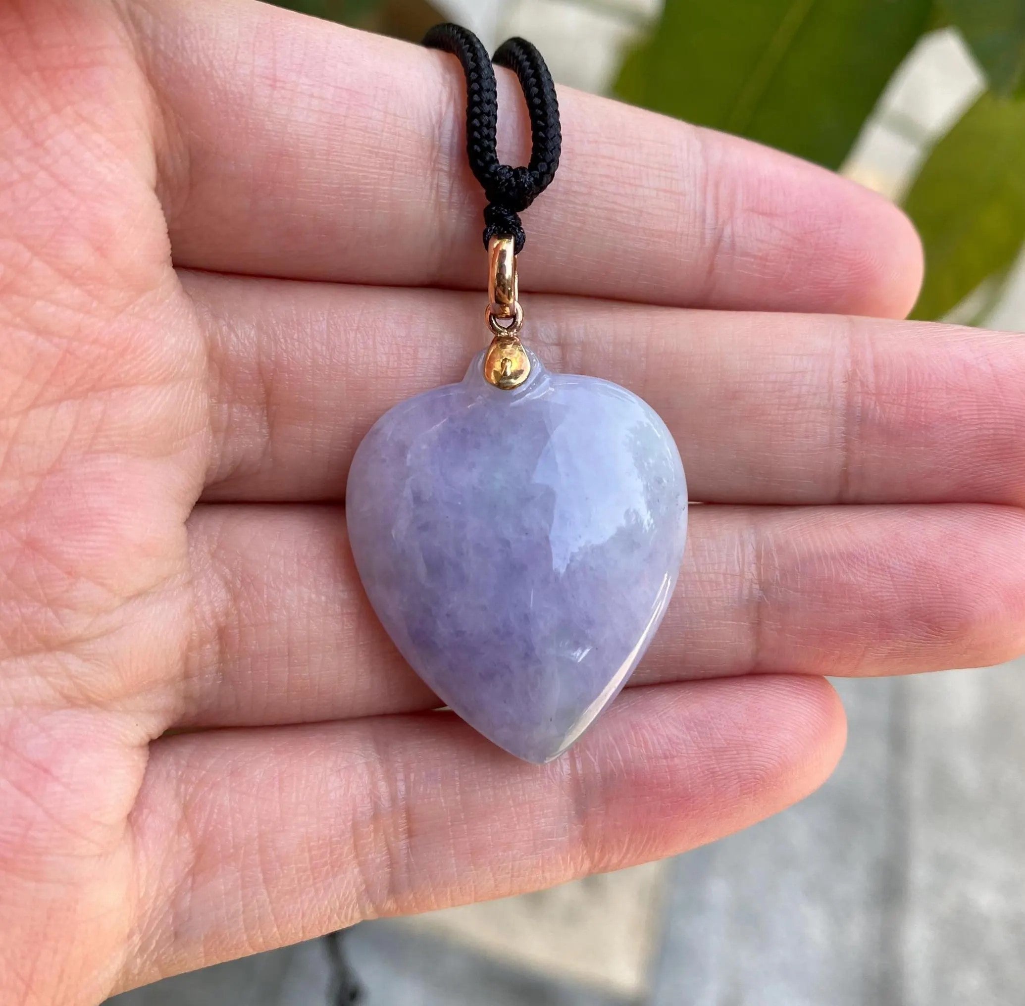 Deep Purple Jade Heart Pendant in 18k Yellow Gold Bail - Natural Burmese Jade Jewelry