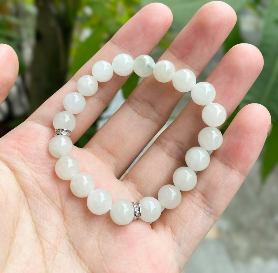 White Jade Beaded Bracelet Natural Type A Burmese Jade