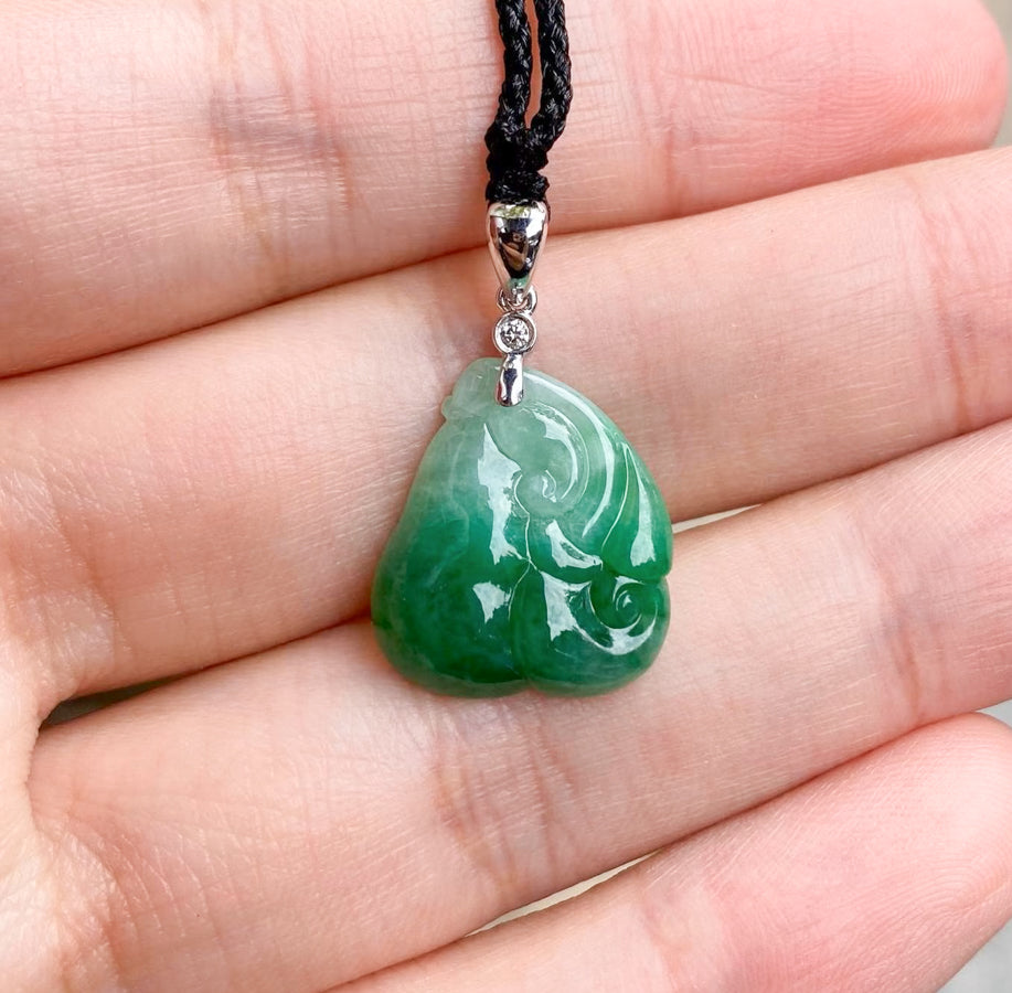 Natural Green Jadeite Pendant 18k White Gold Diamond - Carved Ruyi Jade