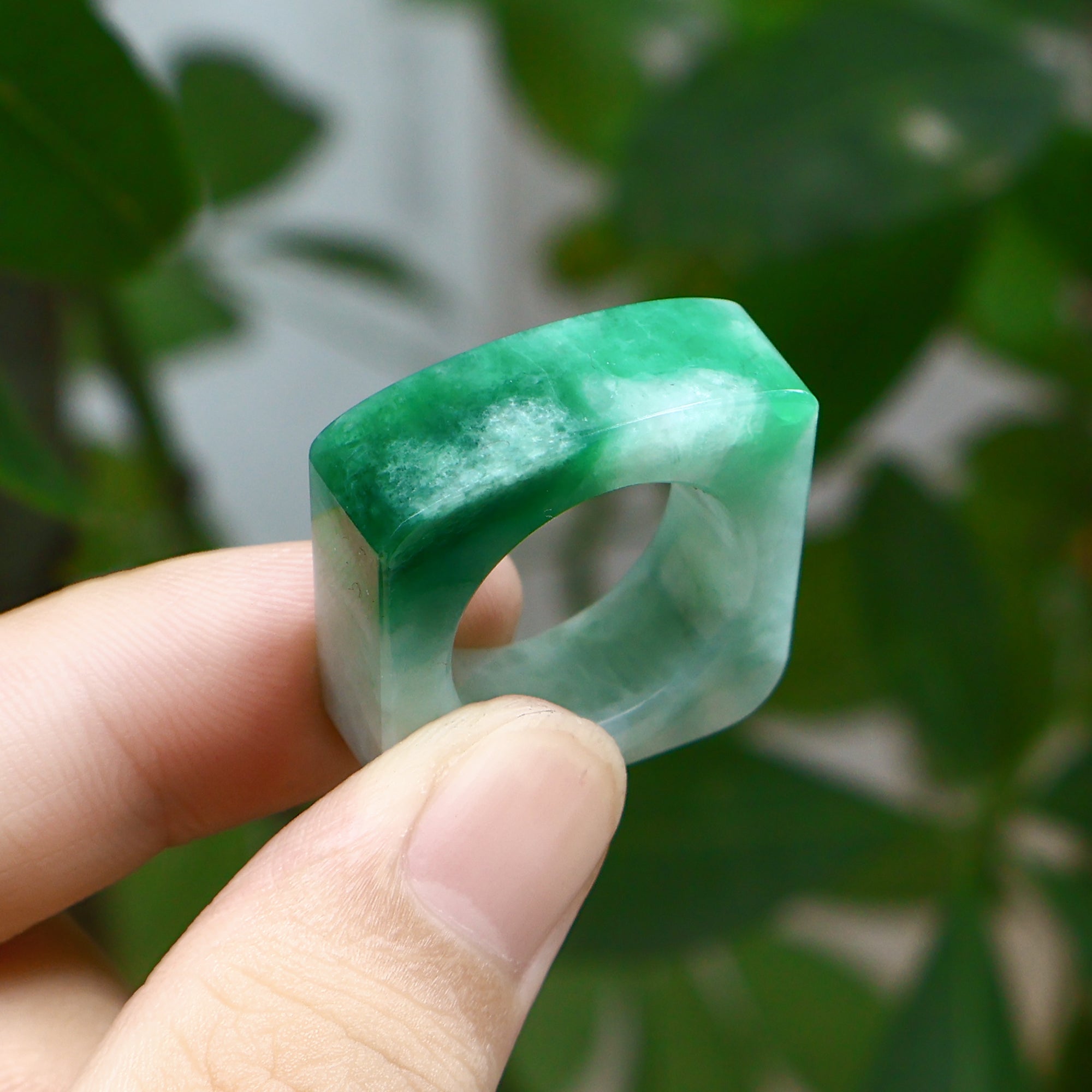 Gransky Natural Type A Intense Green Flat Top Jade Ring US 8.5