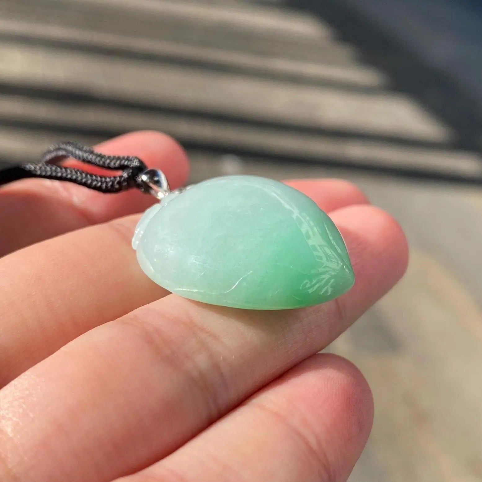 Imperial Green Peach Carved Burmese Jadeite Pendant in 18K White Gold Bail