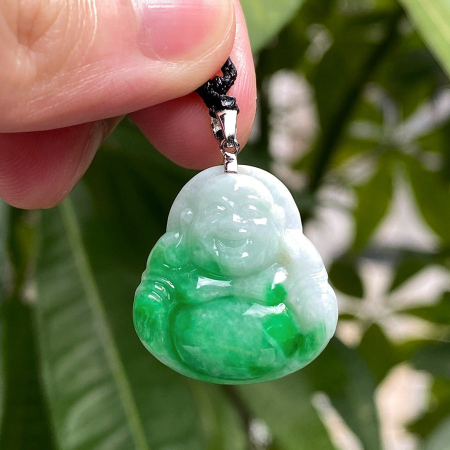 Green Jade Buddha Pendant with 18k Gold Bail - Symbol of Peace and Serenity