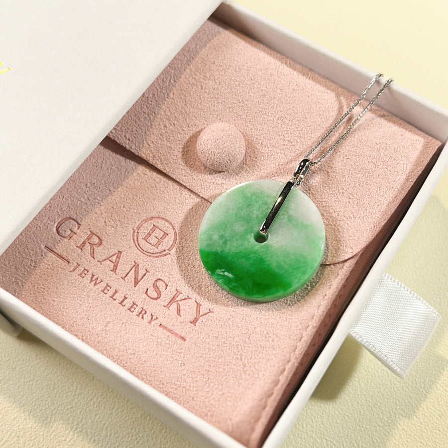 Minimalistic Green Jade Disc Donut Pendant 18k White Gold Bail