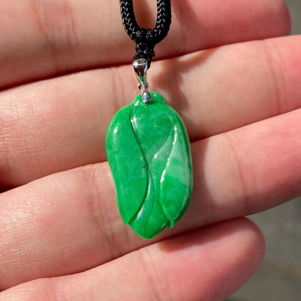 Natural Green Carved Jade Pendant - 18k White Gold Bail