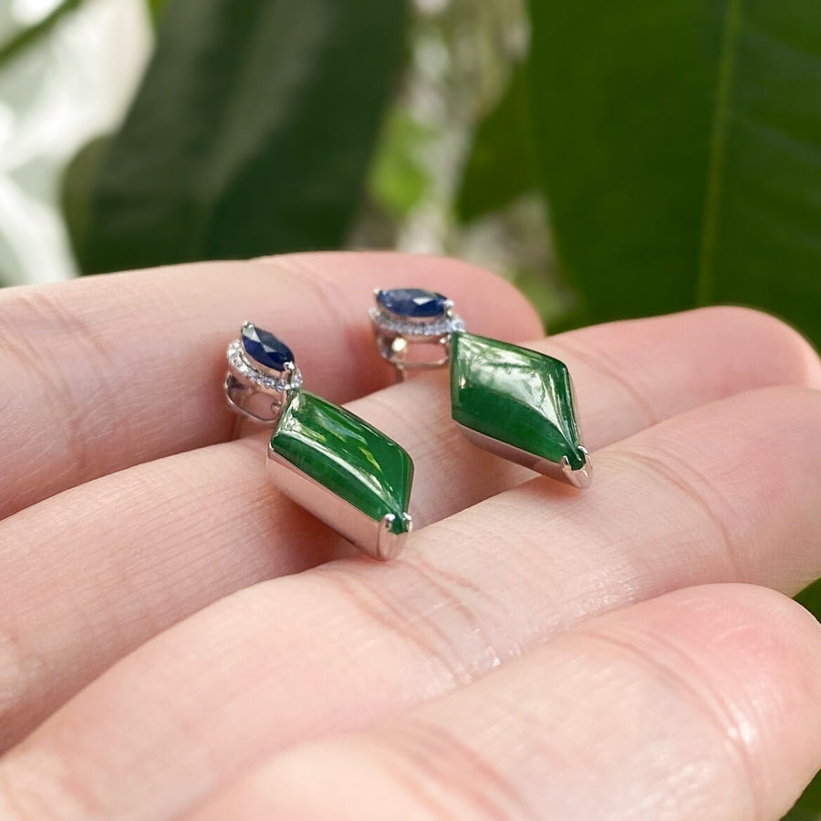 Natural Intense Green Jade Drop Earrings - 18K White Gold Diamonds Sapphire