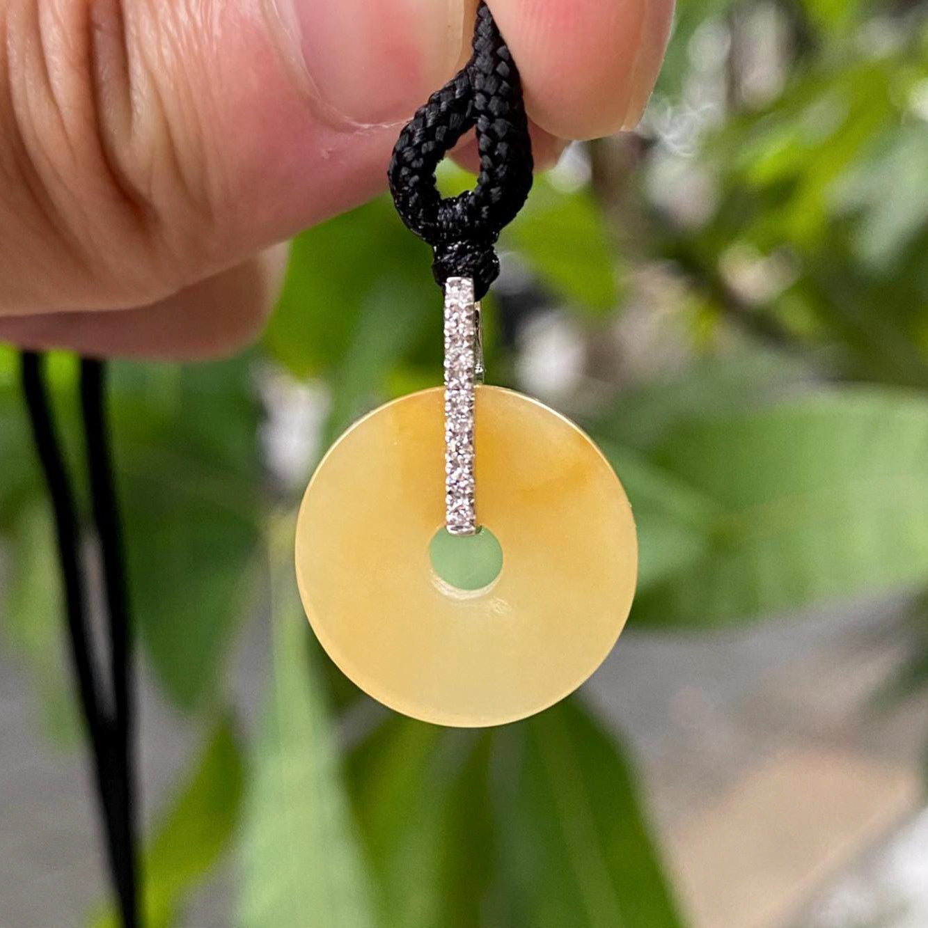 Deep Orange Jade Donut Pendant Necklace in 18K White Gold with Diamonds