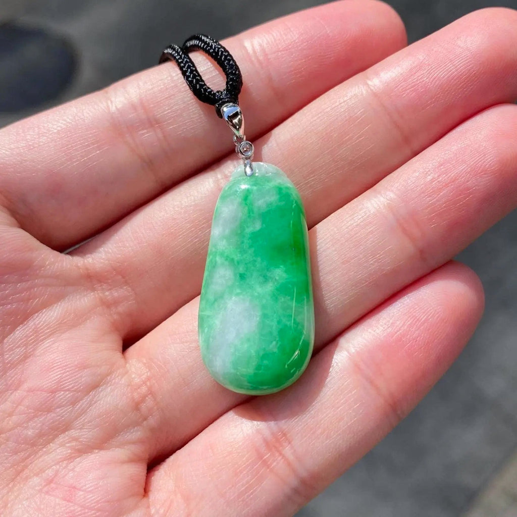 Handcrafted Melon Shape Jade Pendant Necklace - 18k White Gold Bail & Diamond