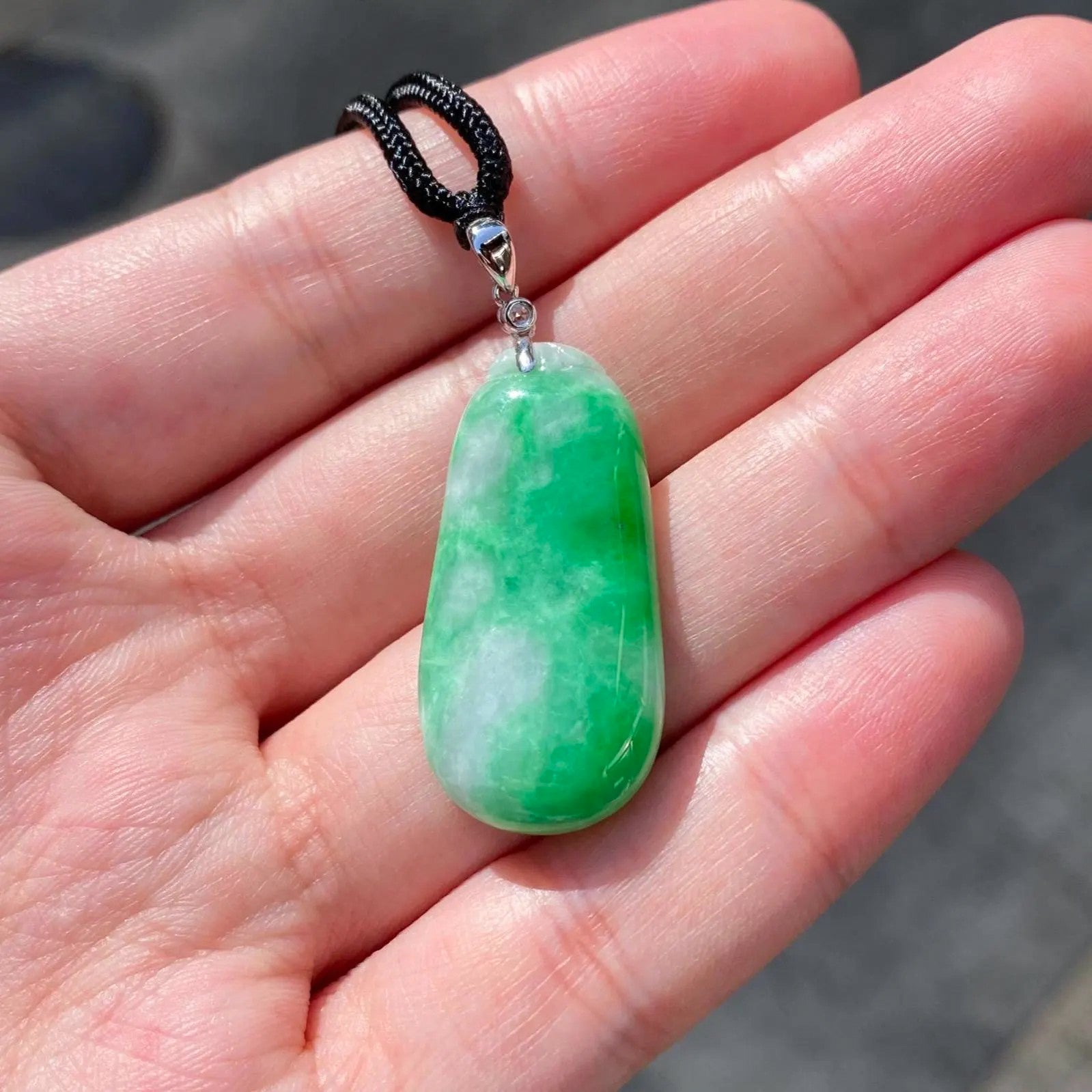 Handcrafted Melon Shape Jade Pendant Necklace - 18k White Gold Bail & Diamond