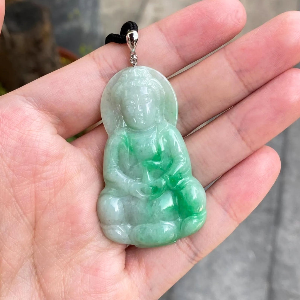 Gransky Handmade GuanYin Apple Green Jade Pendant 18k White Gold and Diamond