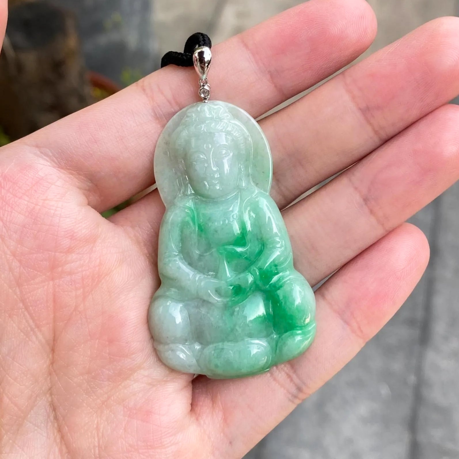 Gransky Handmade GuanYin Apple Green Jade Pendant 18k White Gold and Diamond