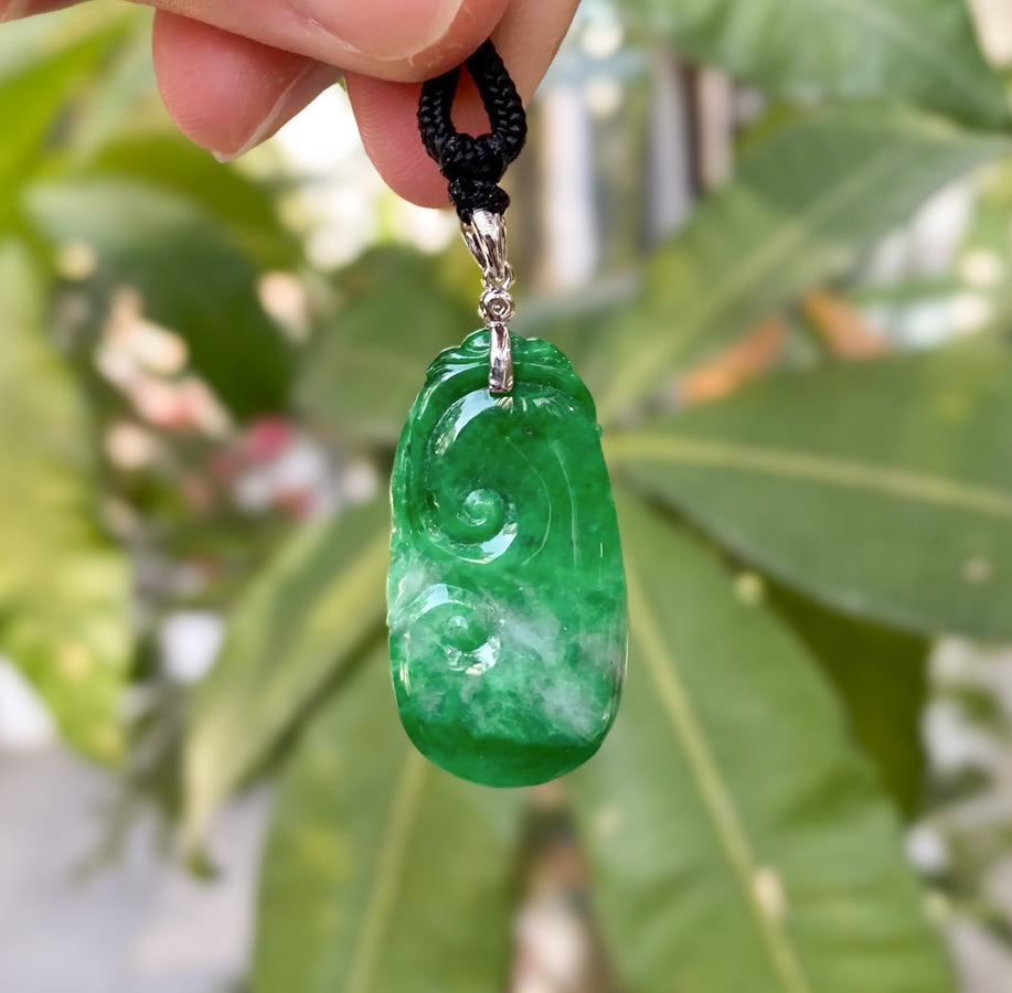 Gransky Carved Ruyi Jade Pendant in 18k White Gold Bail and Diamonds