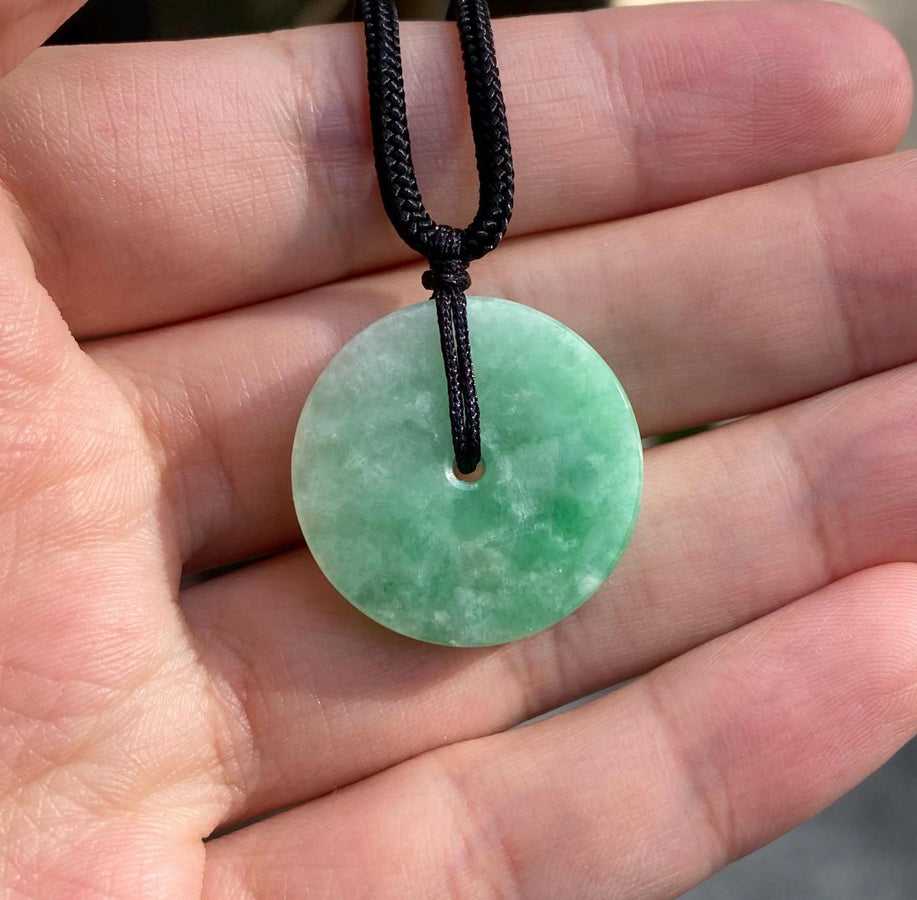 Delicate Green Round Disc Jade Pendant - 24.5mm Width Adjustable Cord