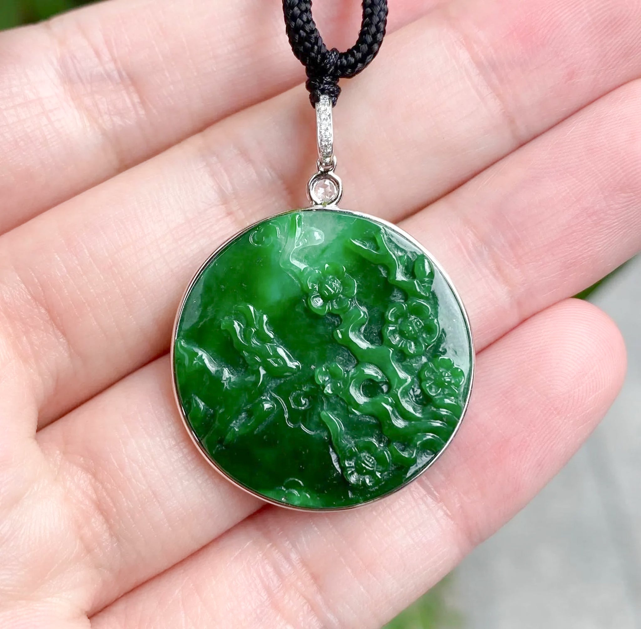 Imperial Green Carved Jade Deer & Plum Scenery Pendant in 18K Gold & Diamonds