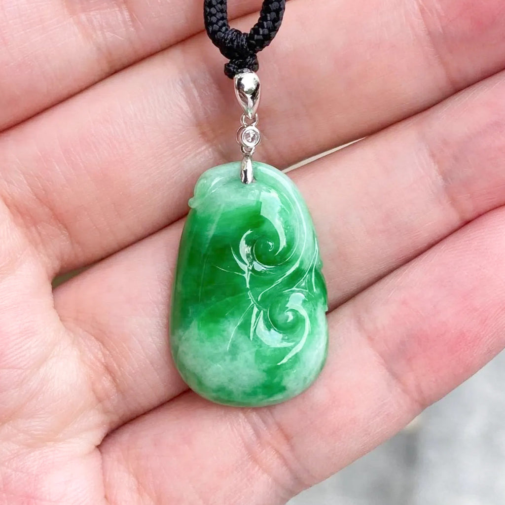 Natural Green Ruyi Jade Pendant - 18k White Gold Bail & Diamond