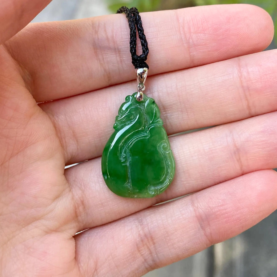 Natural Green Ruyi Jade Pendant 18k White Gold Bail - Untreated Burmese Jadeite