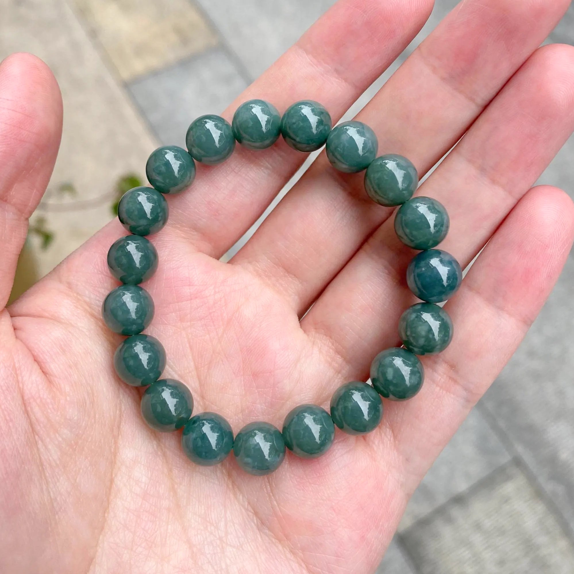 18cm Dark Green Beaded Bracelet, Type-A Burmese Jadeite